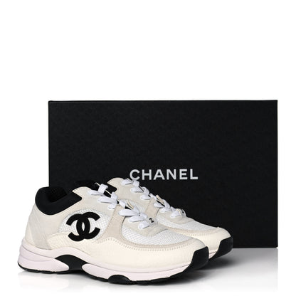 Chanel Mesh Suede Calfskin Grained Calfskin Womens CC Sneakers 37 White Black 11 of 11