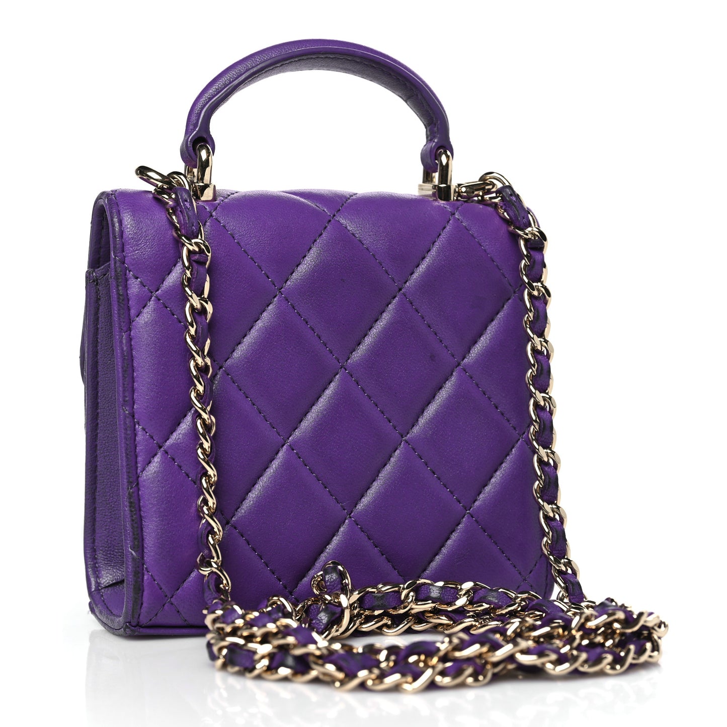 Lambskin Quilted Top Handle Clutch With Chain Purple