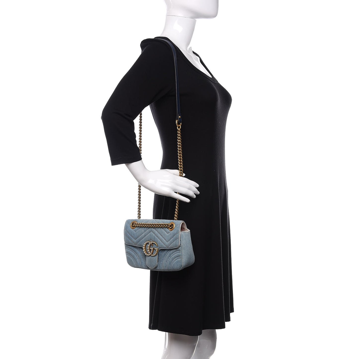 Denim Matelasse Mini Pearly GG Marmont Shoulder Bag Blue