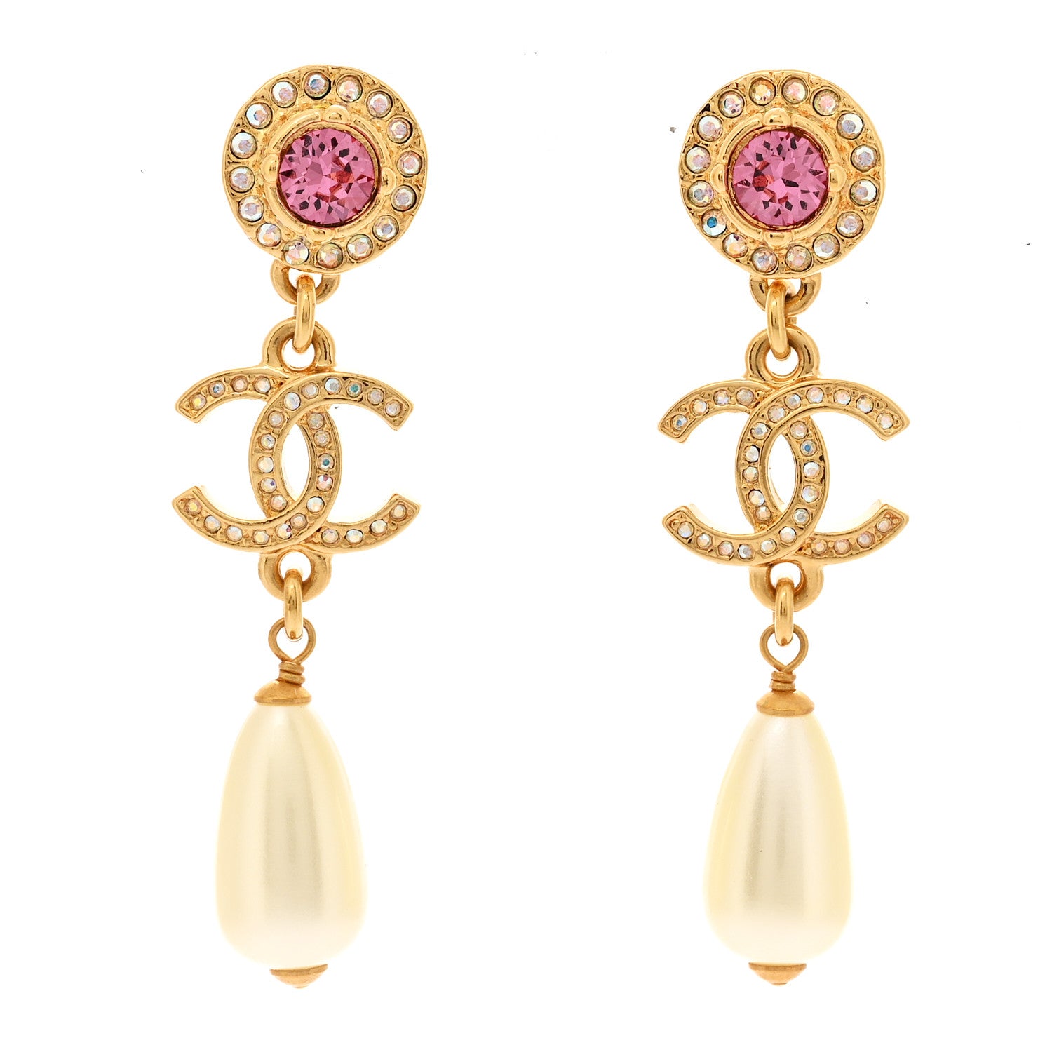 Chanel Metal Crystal Pearl CC Drop Earrings Gold Pink White 1 of 5