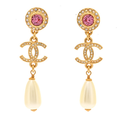 Chanel Metal Crystal Pearl CC Drop Earrings Gold Pink White 1 of 5