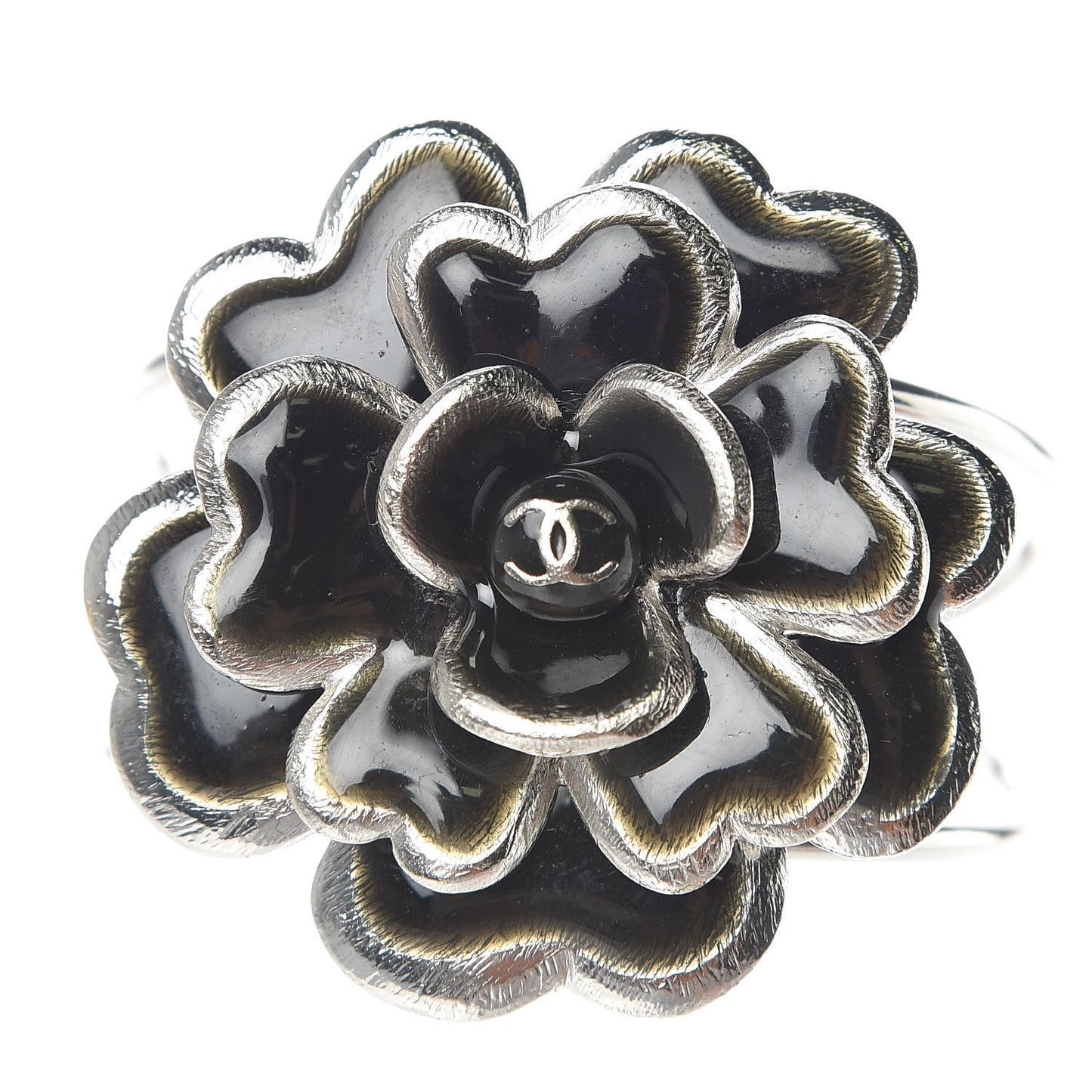 Ruthenium Enamel Camellia Cuff Bracelet Black