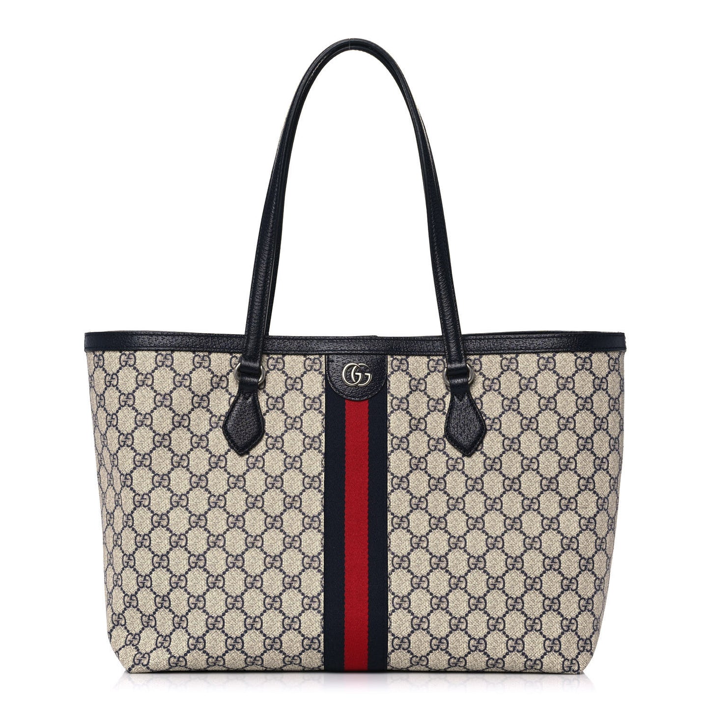 GG Supreme Monogram Textured Calfskin Web Medium Ophidia Shopping Tote Beige Blue