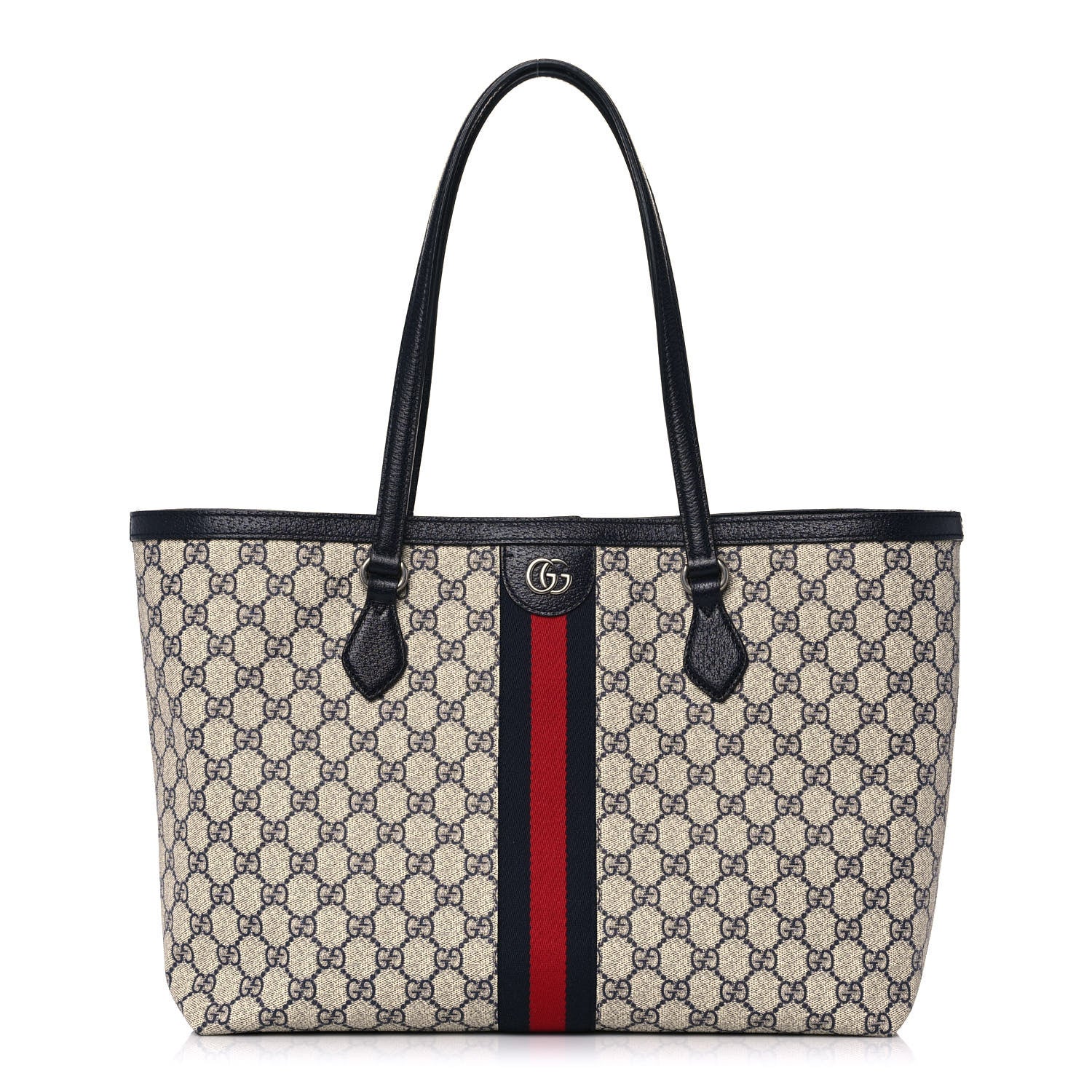 Gucci GG Supreme Monogram Textured Calfskin Web Medium Ophidia Shopping Tote Beige Blue 1 of 12