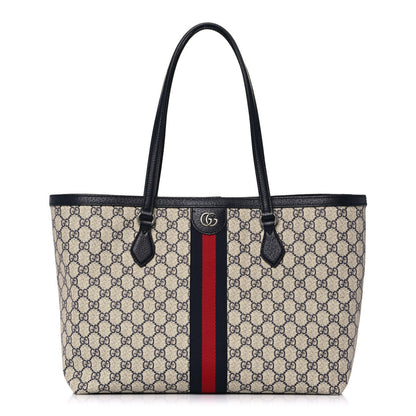 Gucci GG Supreme Monogram Textured Calfskin Web Medium Ophidia Shopping Tote Beige Blue 1 of 12