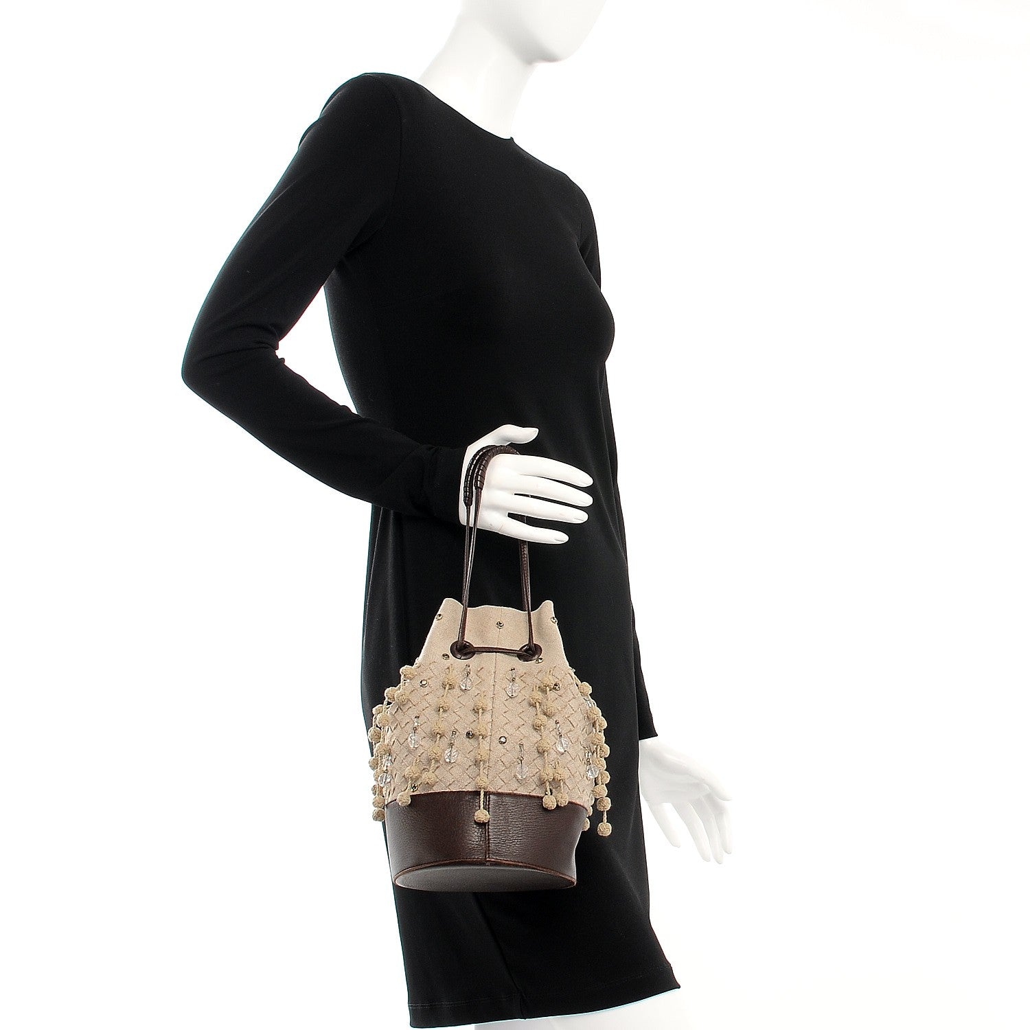 Bottega Veneta Canvas Intrecciato Crystal Drawstring Mini Bucket Brown 2 of 11