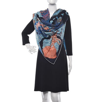 Hermes Cashmere Silk Parures De Samourais Shawl 140 Caban Bleu Ciel Saumon 2 of 4