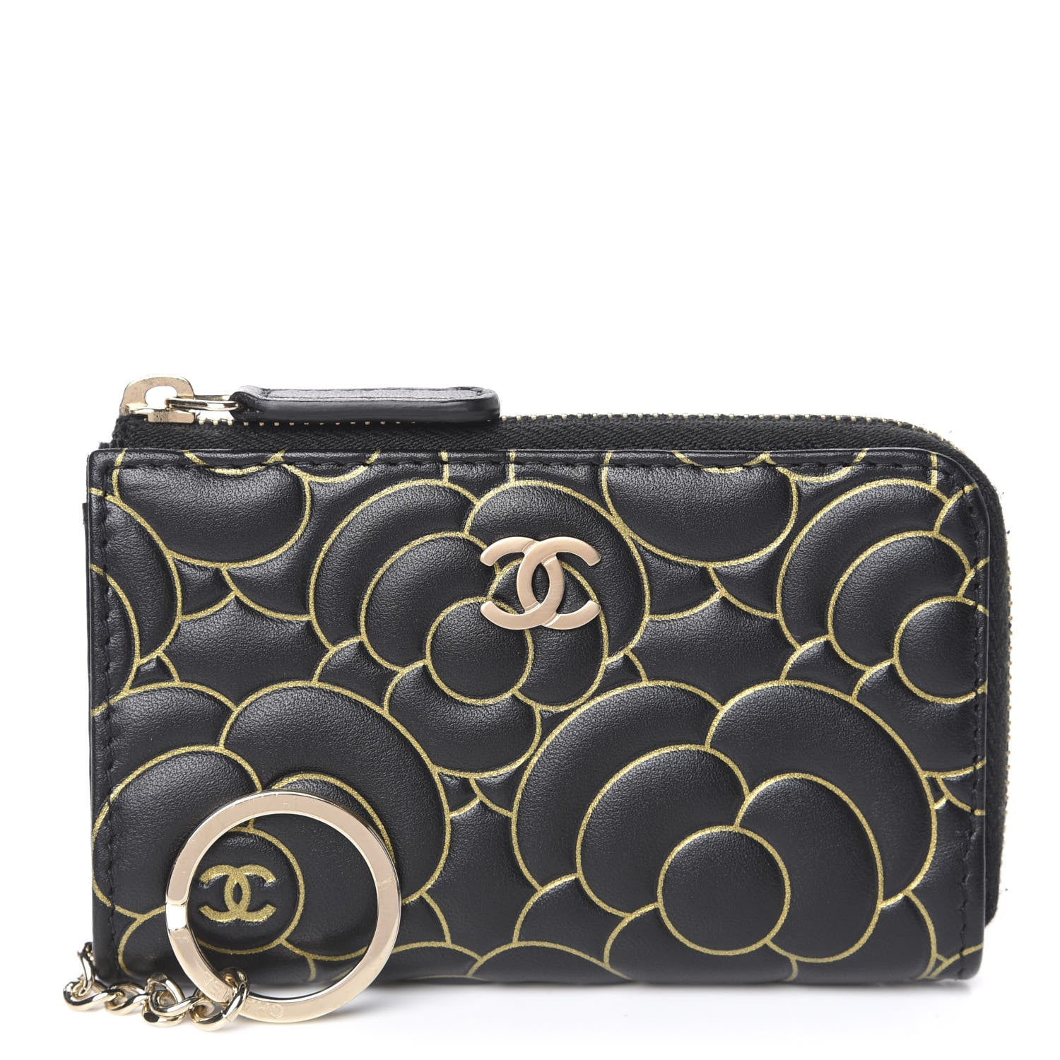 Chanel Lambskin Camellia Embossed Key Holder Case Black Gold 1 of 7