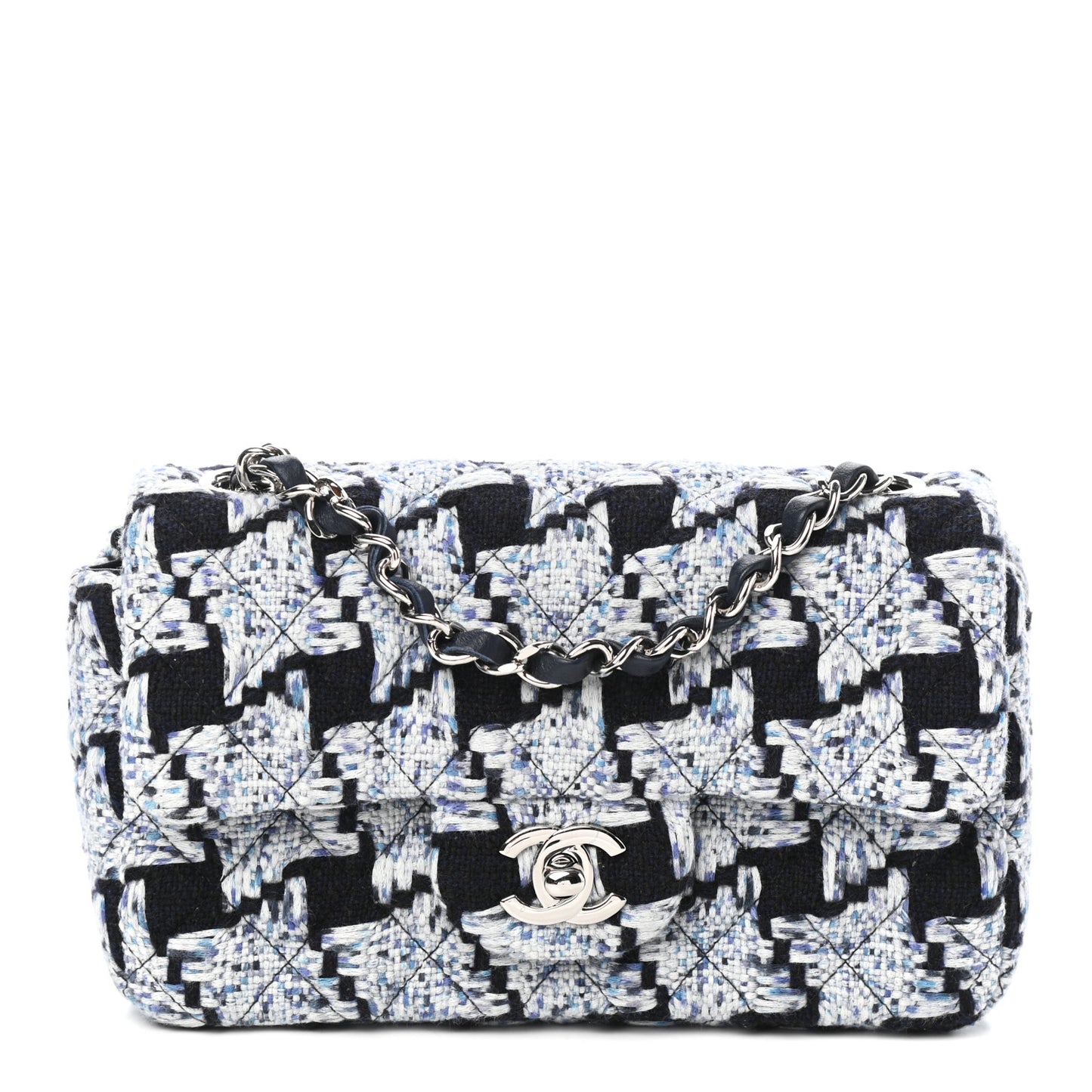 Tweed Quilted Mini Rectangular Flap Black White Light Blue
