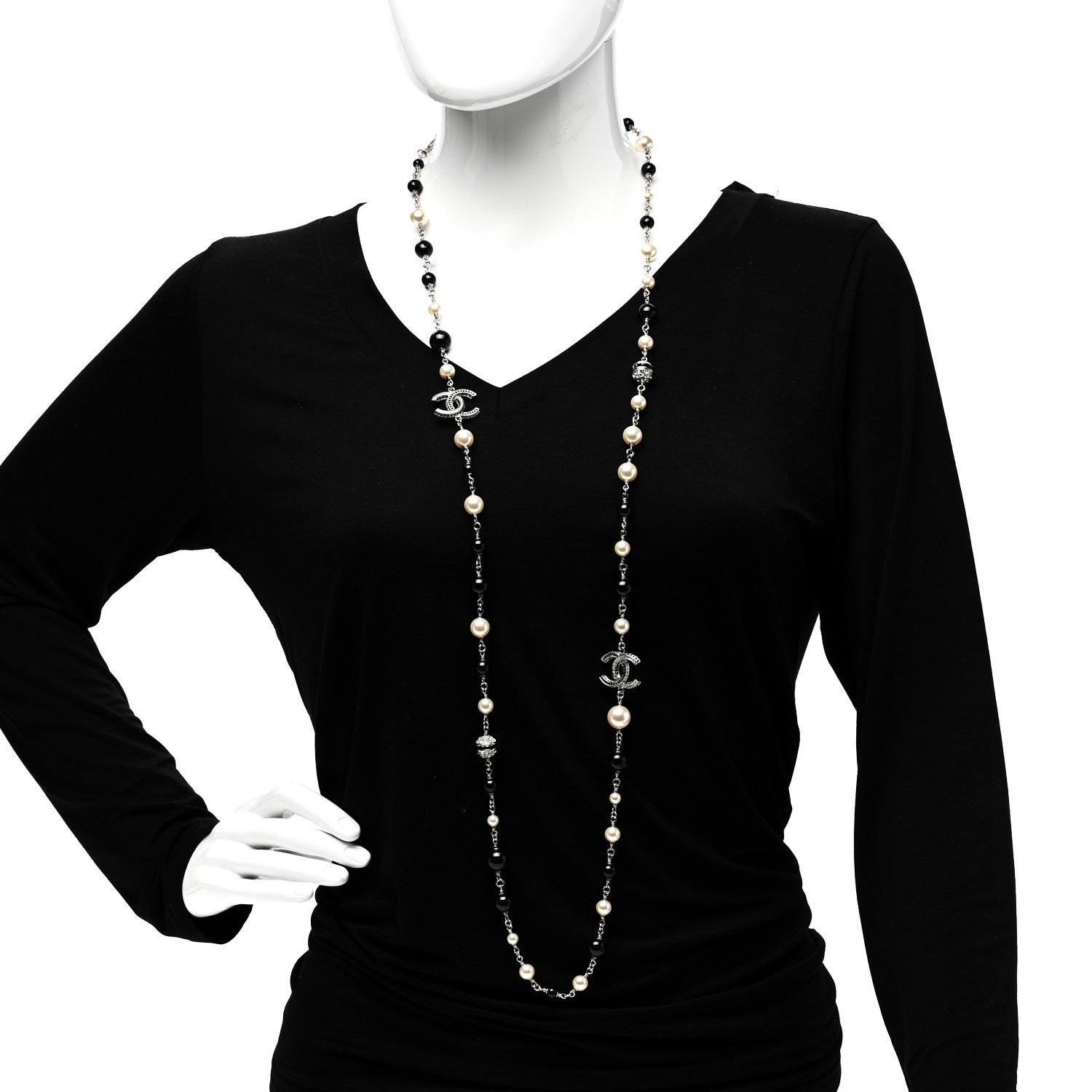 Chanel Metal Pearl Crystal Bead CC Long Necklace Silver Black 1 of 4