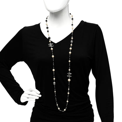 Chanel Metal Pearl Crystal Bead CC Long Necklace Silver Black 1 of 4