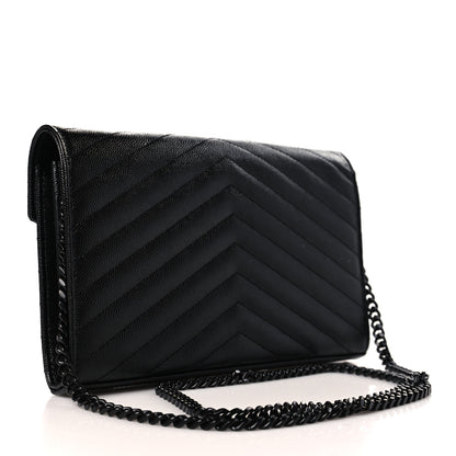 Saint Laurent Grain De Poudre Matelasse Chevron Monogram Monochrome Chain Wallet Black 3 of 9