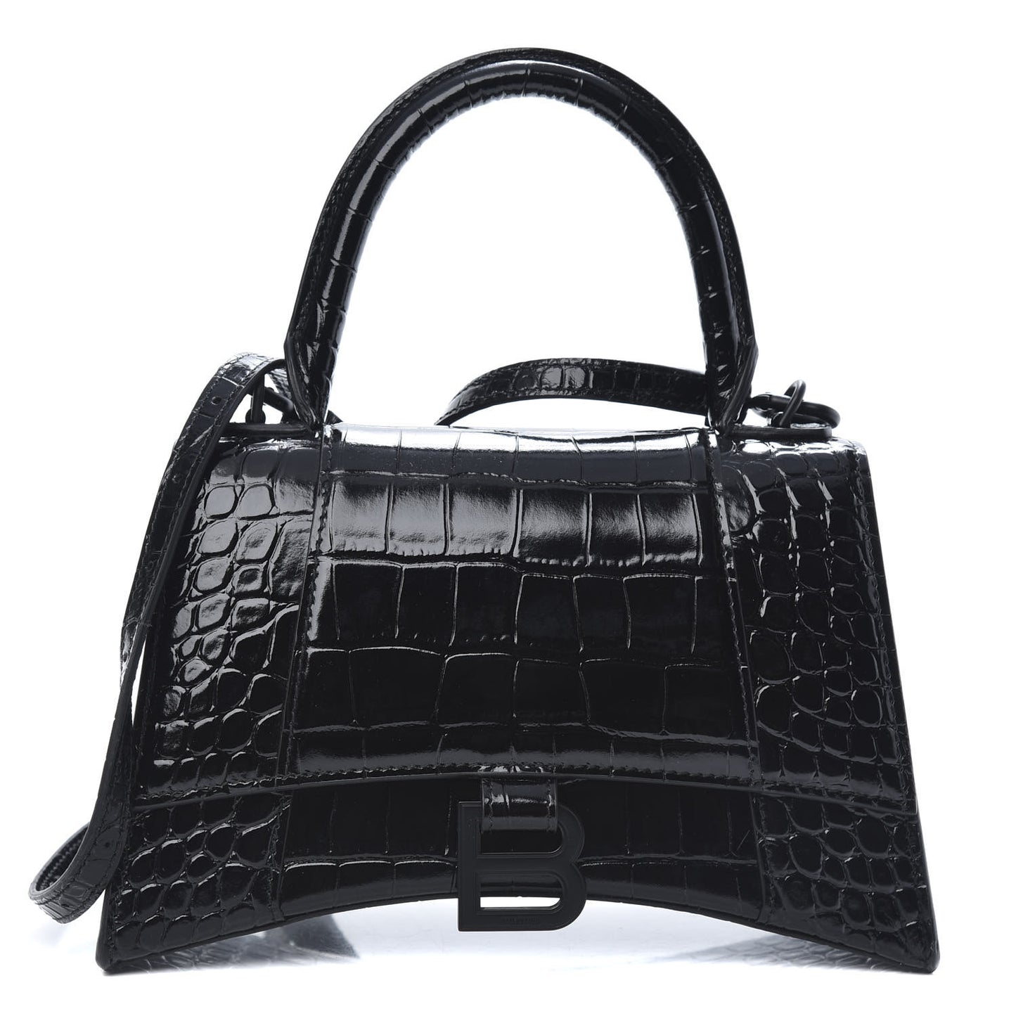 Shiny Calfskin Monochrome Crocodile Embossed Small Hourglass Top Handle Bag Black