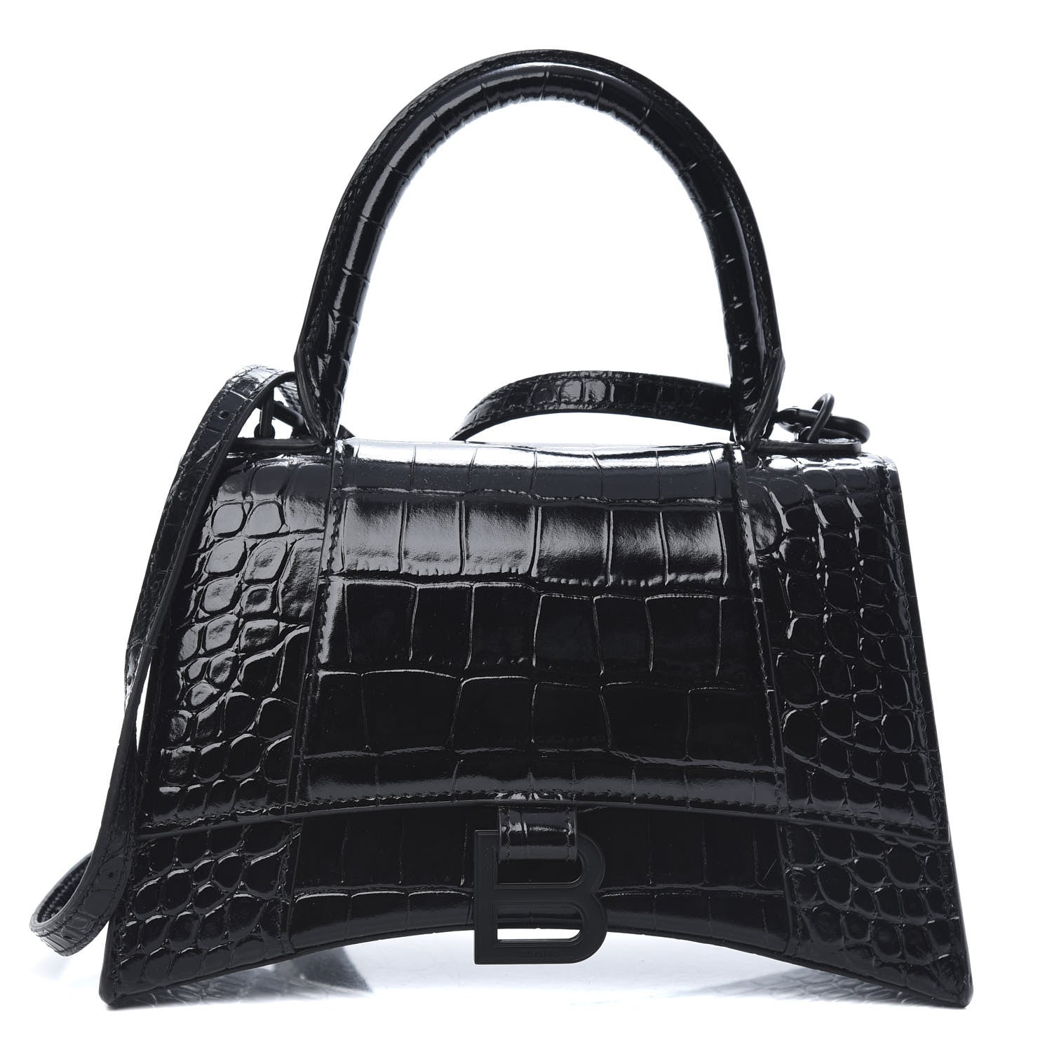 Balenciaga Shiny Calfskin Monochrome Crocodile Embossed Small Hourglass Top Handle Bag Black 1 of 11