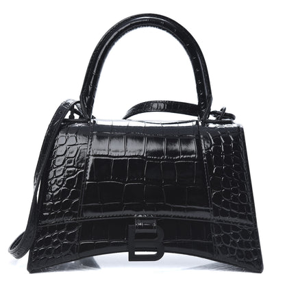 Balenciaga Shiny Calfskin Monochrome Crocodile Embossed Small Hourglass Top Handle Bag Black 1 of 11