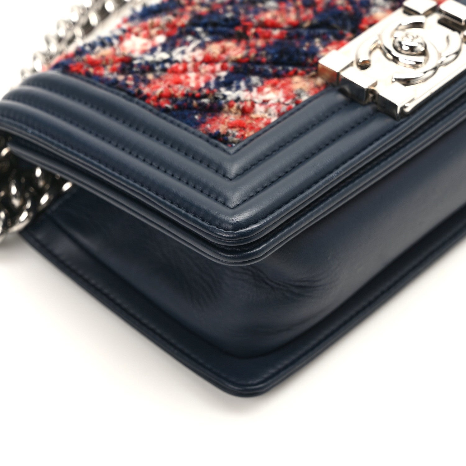 Chanel Lambskin Tweed Chevron Small Boy Flap Navy Blue 11 of 12