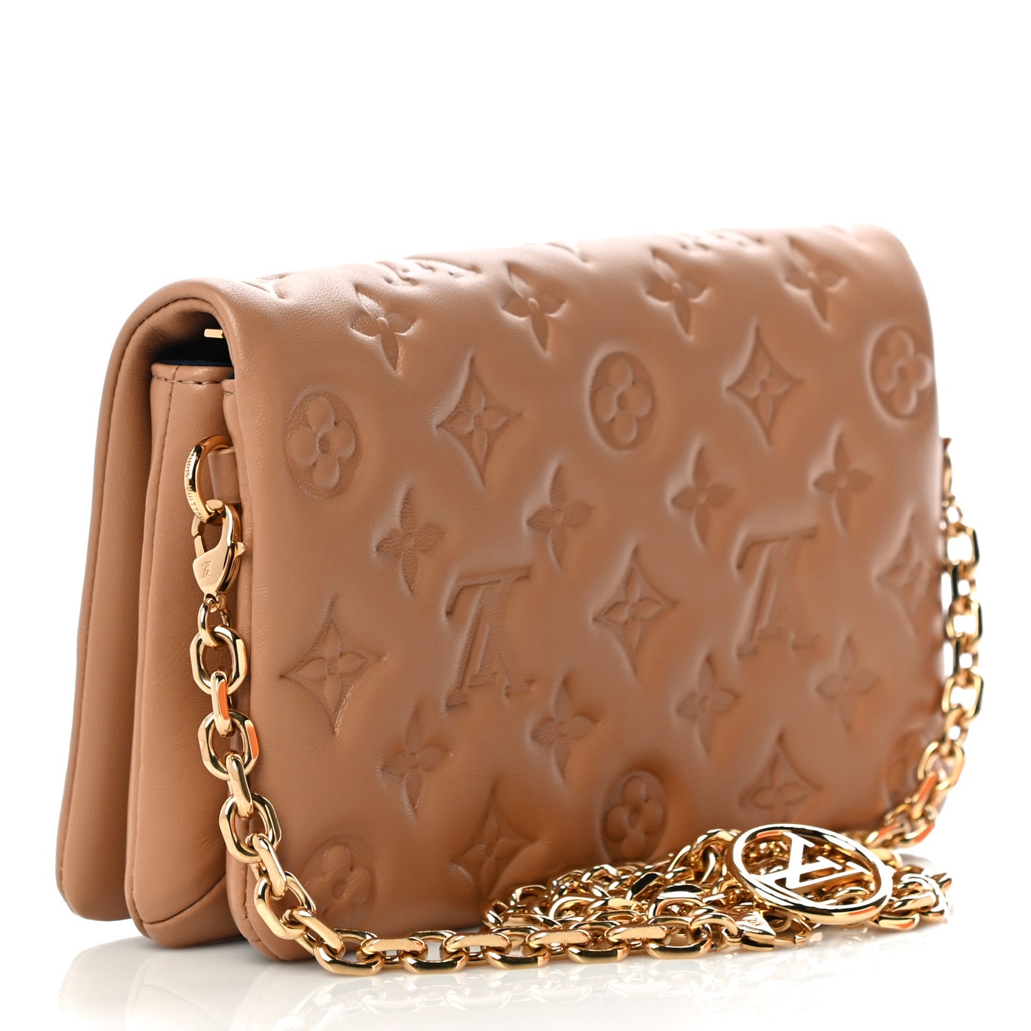 Lambskin Embossed Monogram Pochette Coussin Camel