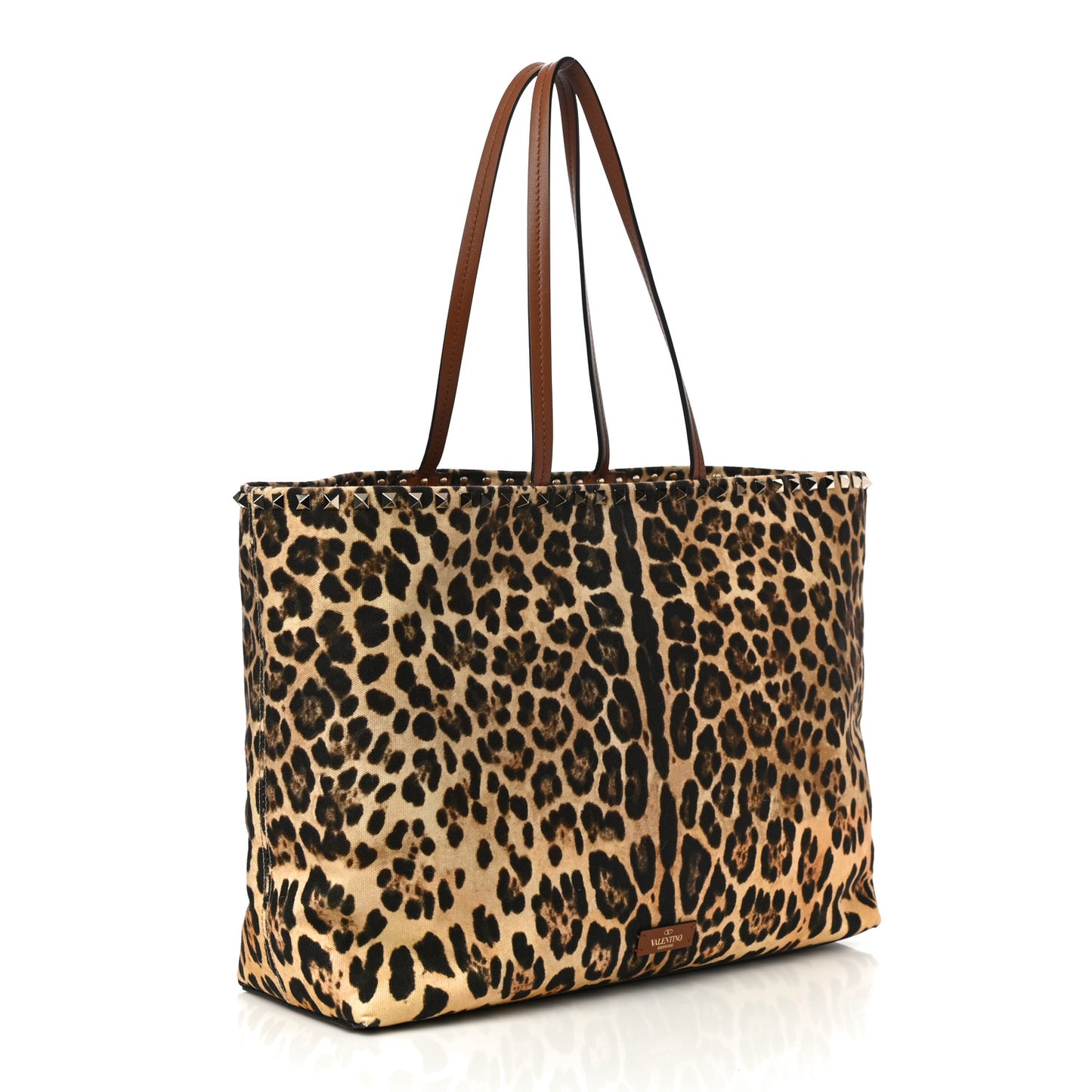 Canvas Nappa Leopard Print Rockstud Tote Brown