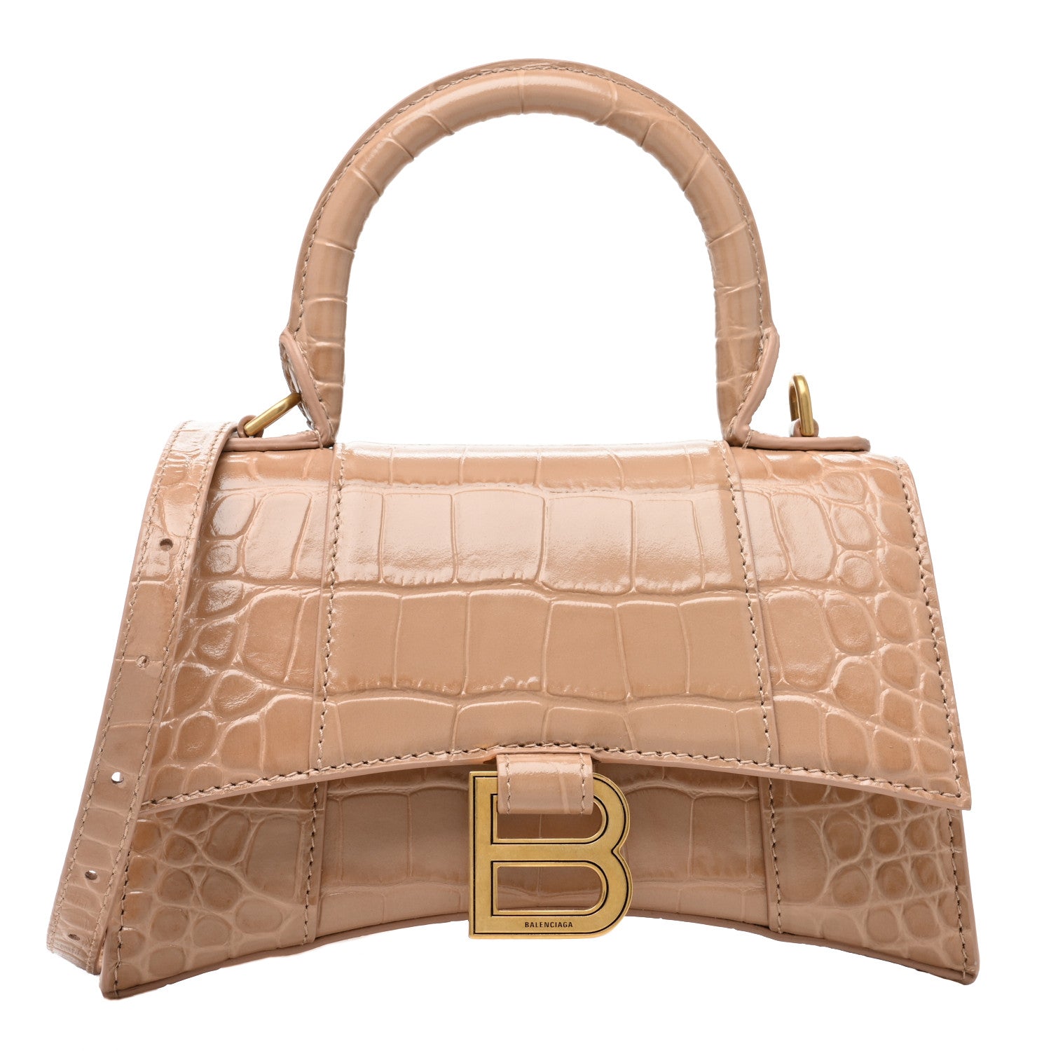 Balenciaga Shiny Calfskin Crocodile Embossed Hourglass Top Handle Bag XS Nude Beige 1 of 9
