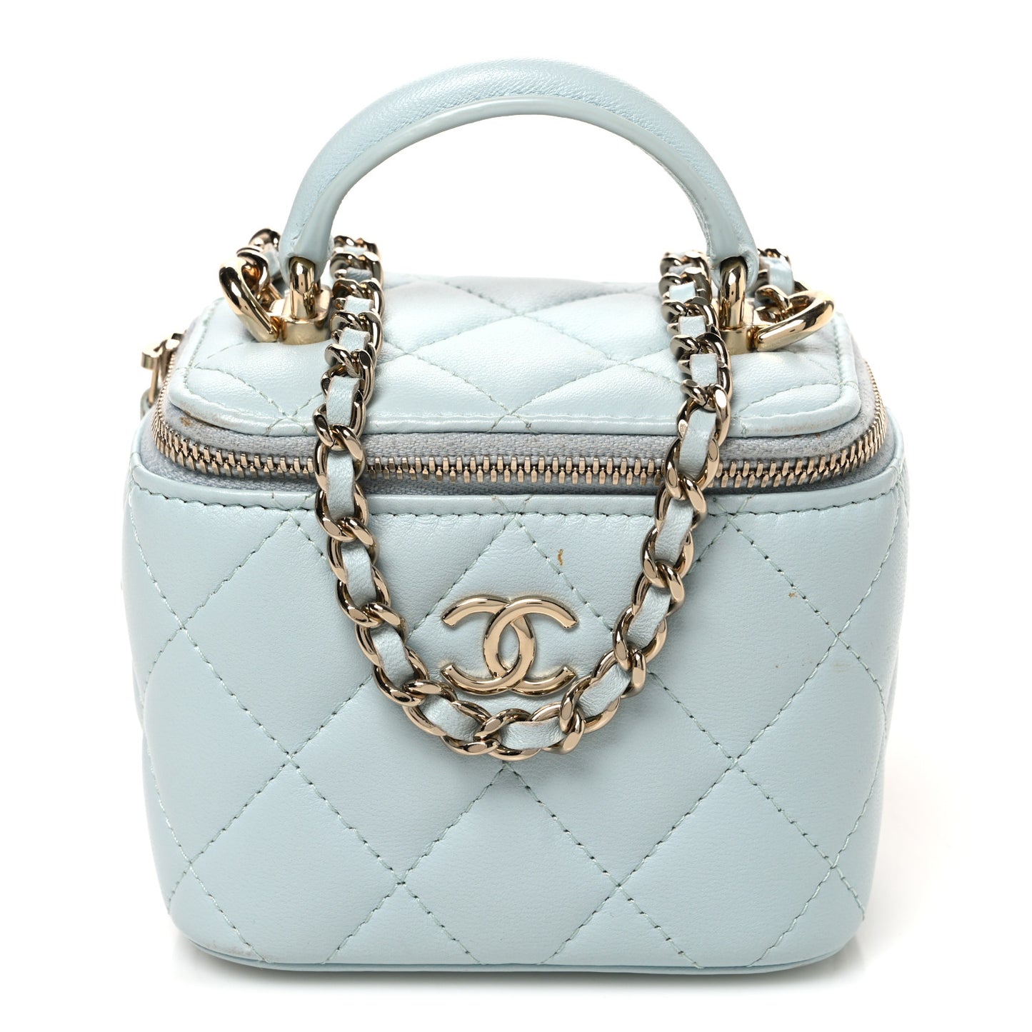 Lambskin Quilted Top Handle Mini Vanity Case With Chain Light Blue