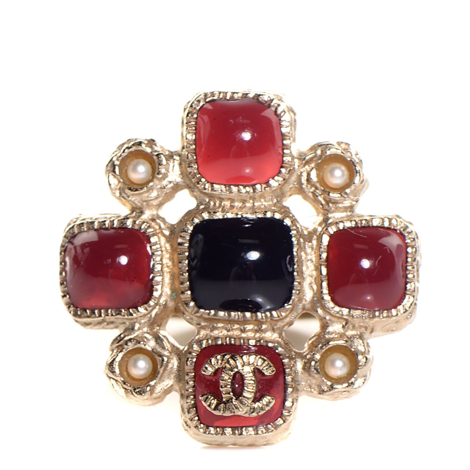 Chanel Gripoix Pearl Maltese Cross CC Ring 6 Gold Blue Rouge Creme 1 of 5