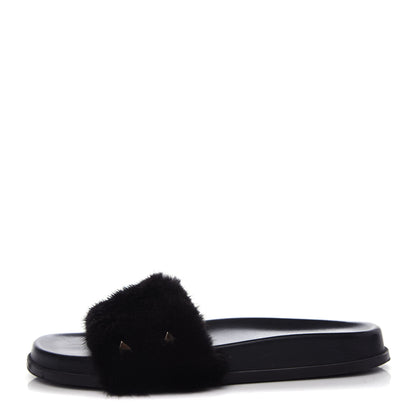 Valentino Garavani Mink Fur Rockstud Slide Sandals 39 Black 1 of 10