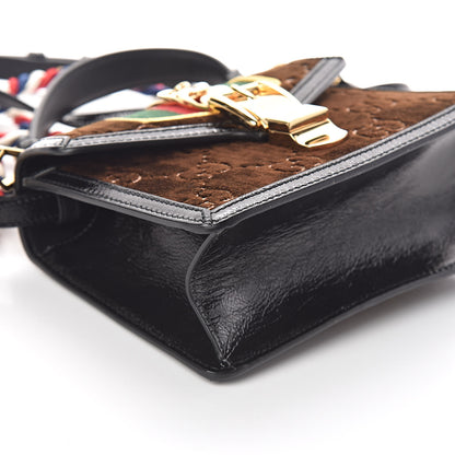 Gucci Velvet GG Monogram Web Mini Sylvie Top Handle Bag Brown Black Oro Vecchio 10 of 11