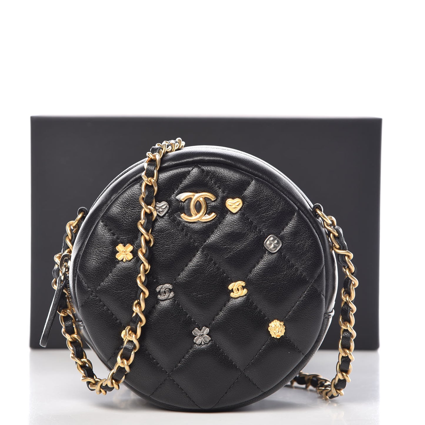 Lambskin Quilted Studded Round Clutch With Chain Black
