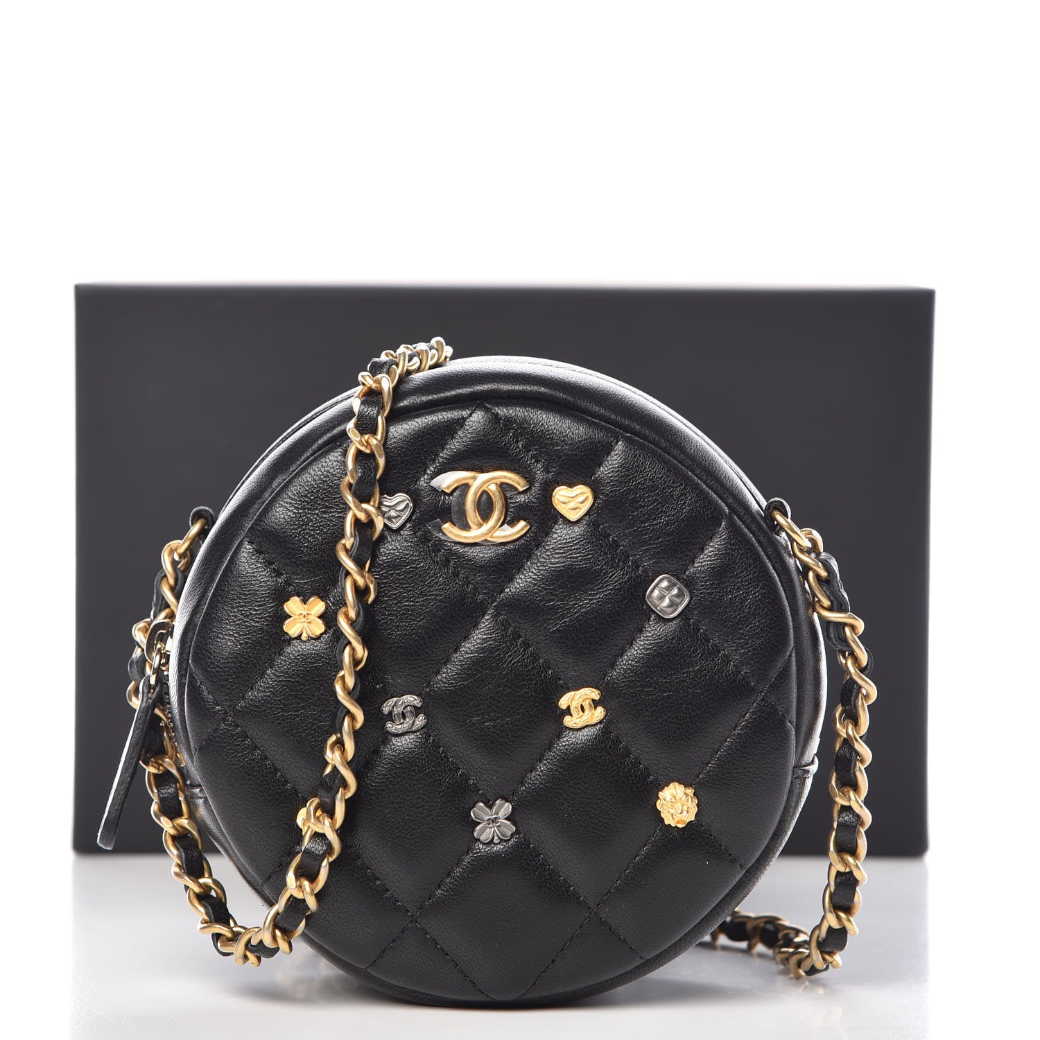 Chanel Lambskin Quilted Studded Round Clutch With Chain Black 8 of 8