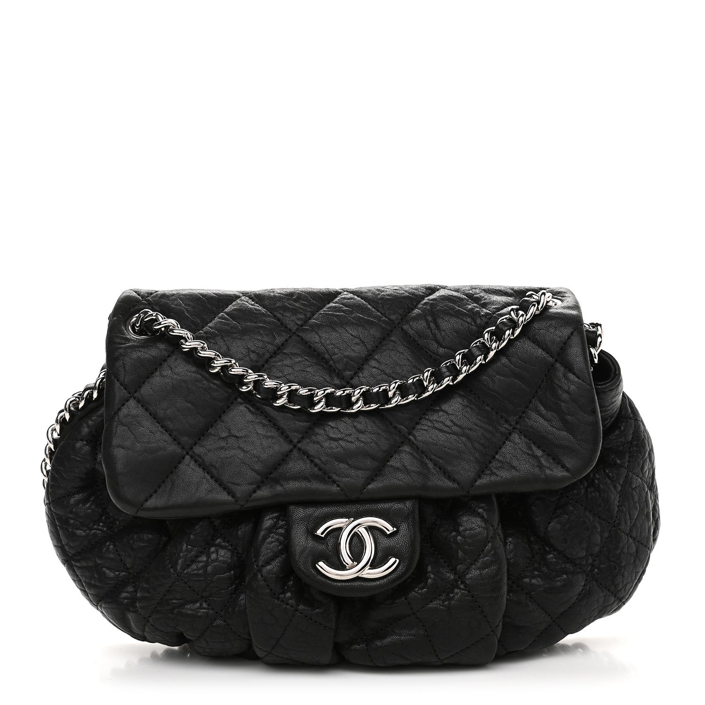 Washed Lambskin Quilted Medium Chain Around Messenger Black