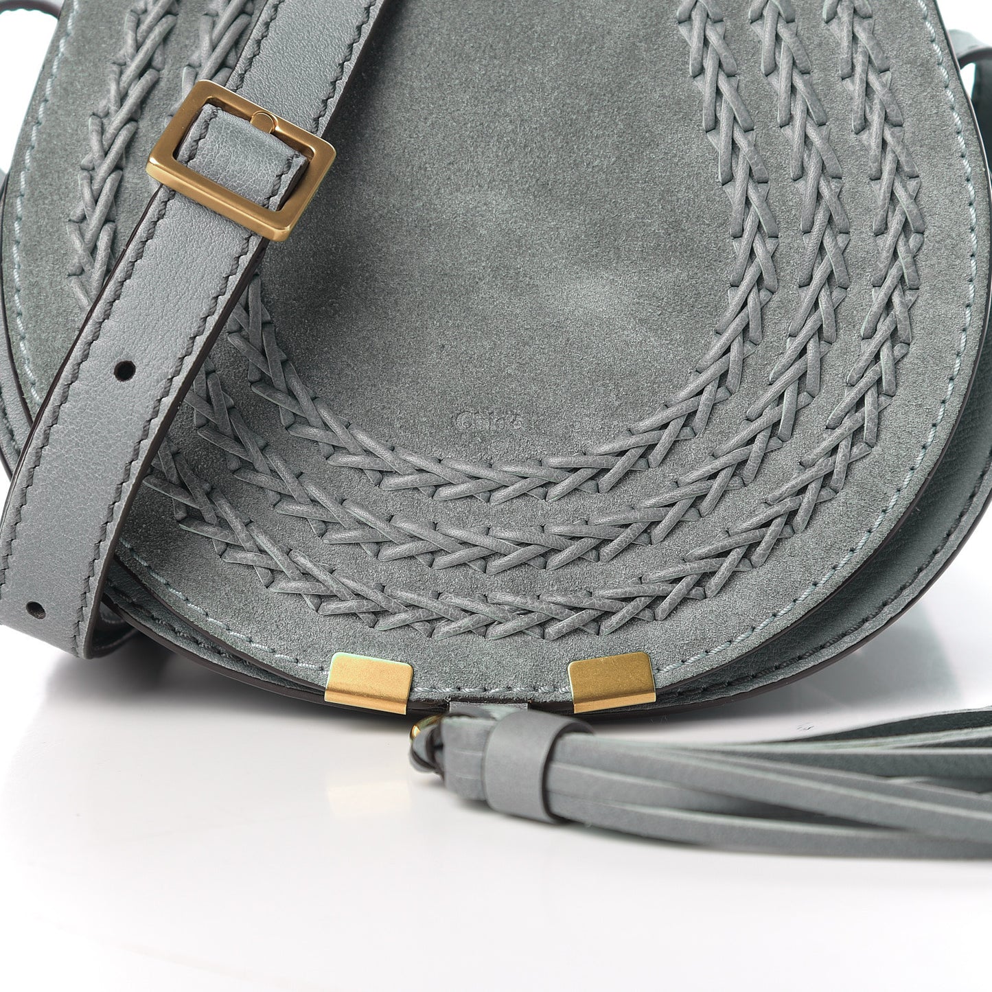 Suede Calfskin Braided Mini Marcie Round Crossbody Bag Cloudy Blue