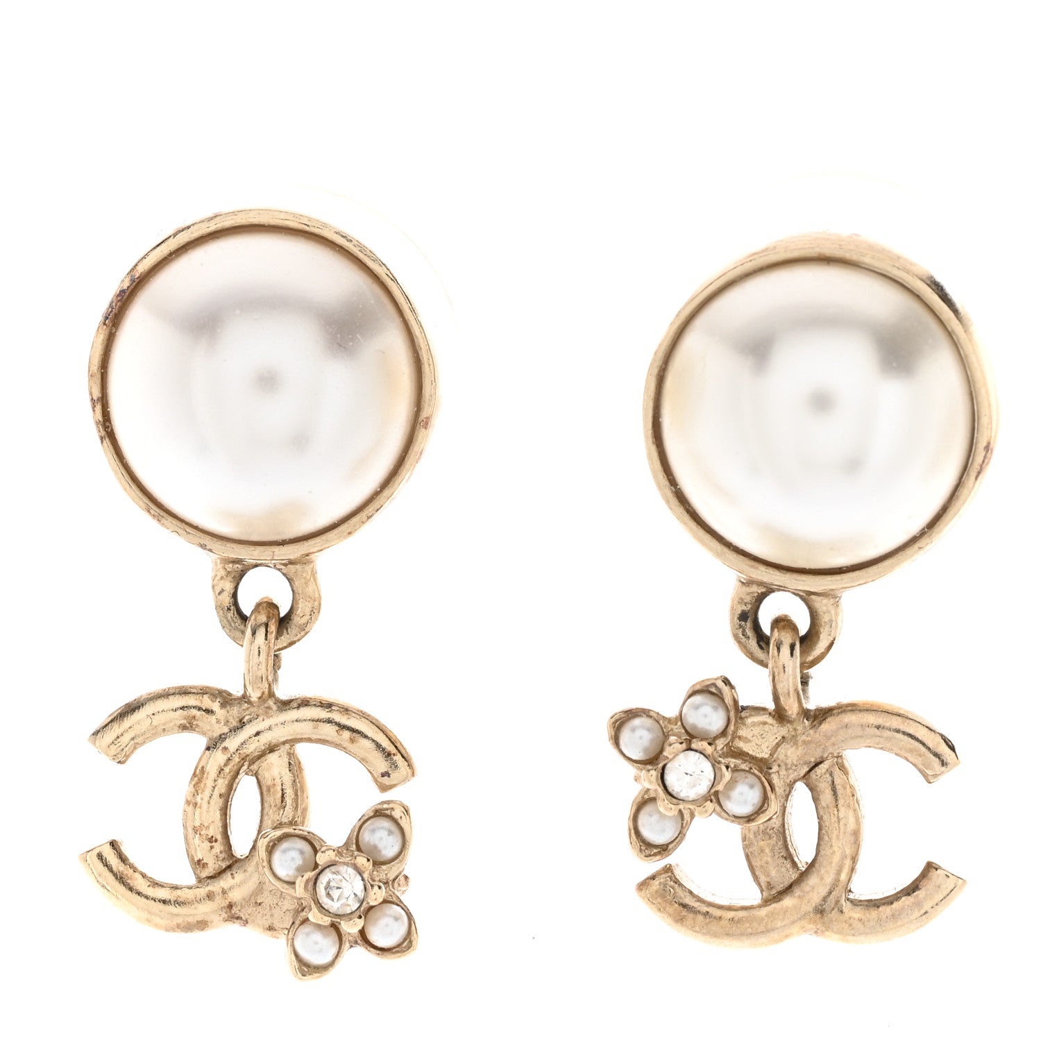 Chanel Pearl Crystal CC Flower Drop Earrings Gold Pearly White 1 of 5