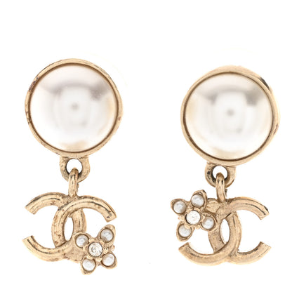 Chanel Pearl Crystal CC Flower Drop Earrings Gold Pearly White 1 of 5