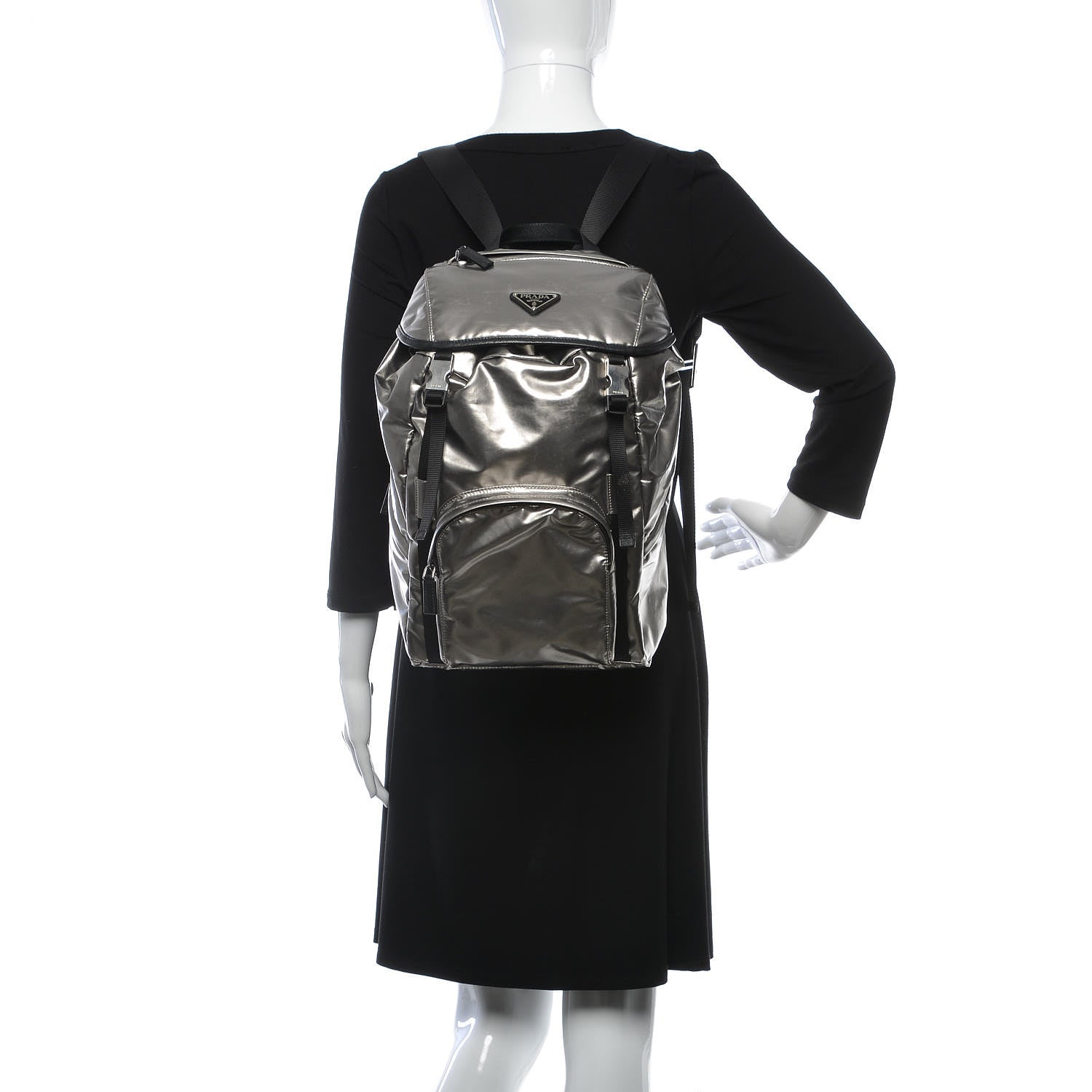Prada Metallic Tessuto Nylon Saffiano Double Buckle Backpack Silver 2 of 7