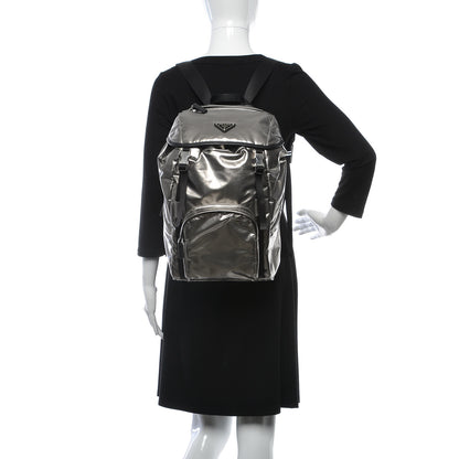 Prada Metallic Tessuto Nylon Saffiano Double Buckle Backpack Silver 2 of 7