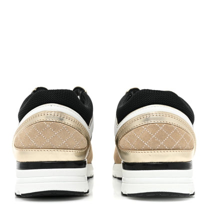 Chanel Mesh Suede Calfskin Womens CC Sneakers 36 White Black Beige Gold 4 of 9