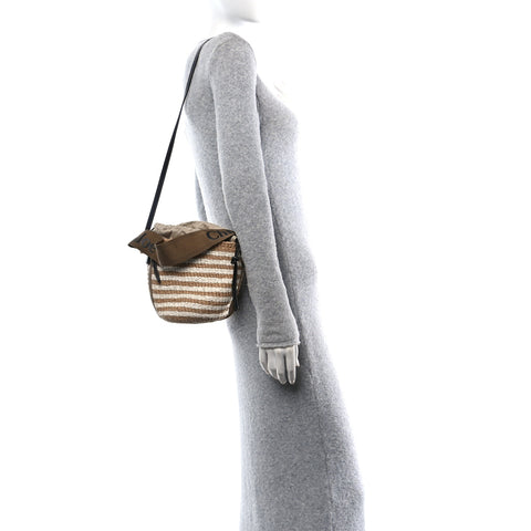 Raffia Calfskin Small Woody Striped Basket Bag Brown