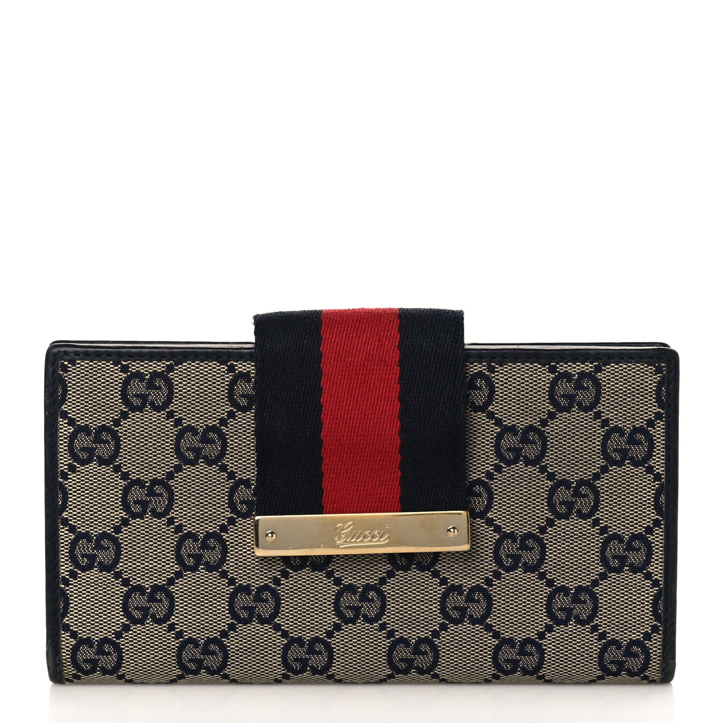 Monogram Calfskin Ladies Web Long Wallet Beige Blue