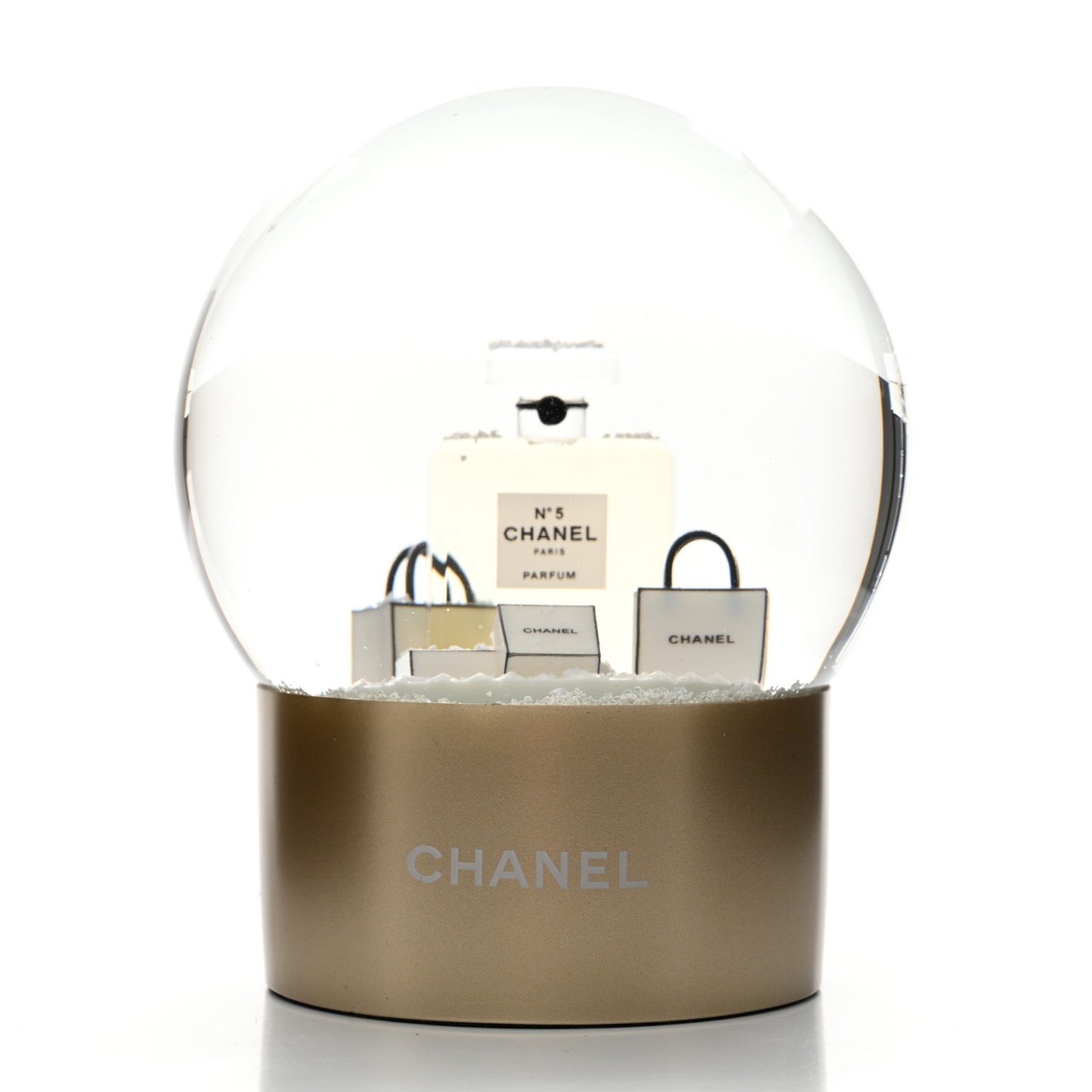 Glass N°5 Perfume Bottle Snow Globe Gold