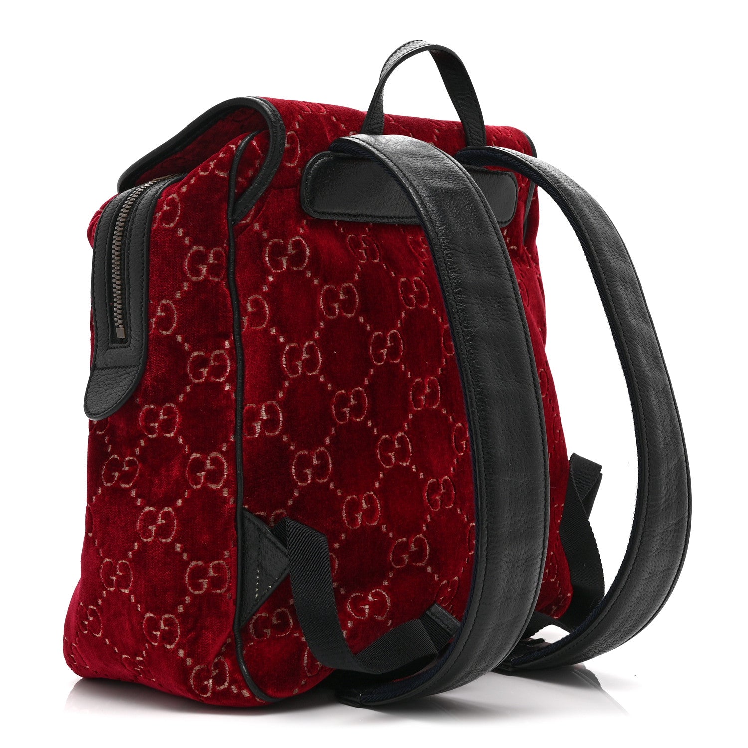 Gucci Velvet GG Monogram Textured Calfskin Web Small Double Buckle Backpack Red Cipria Black 3 of 11
