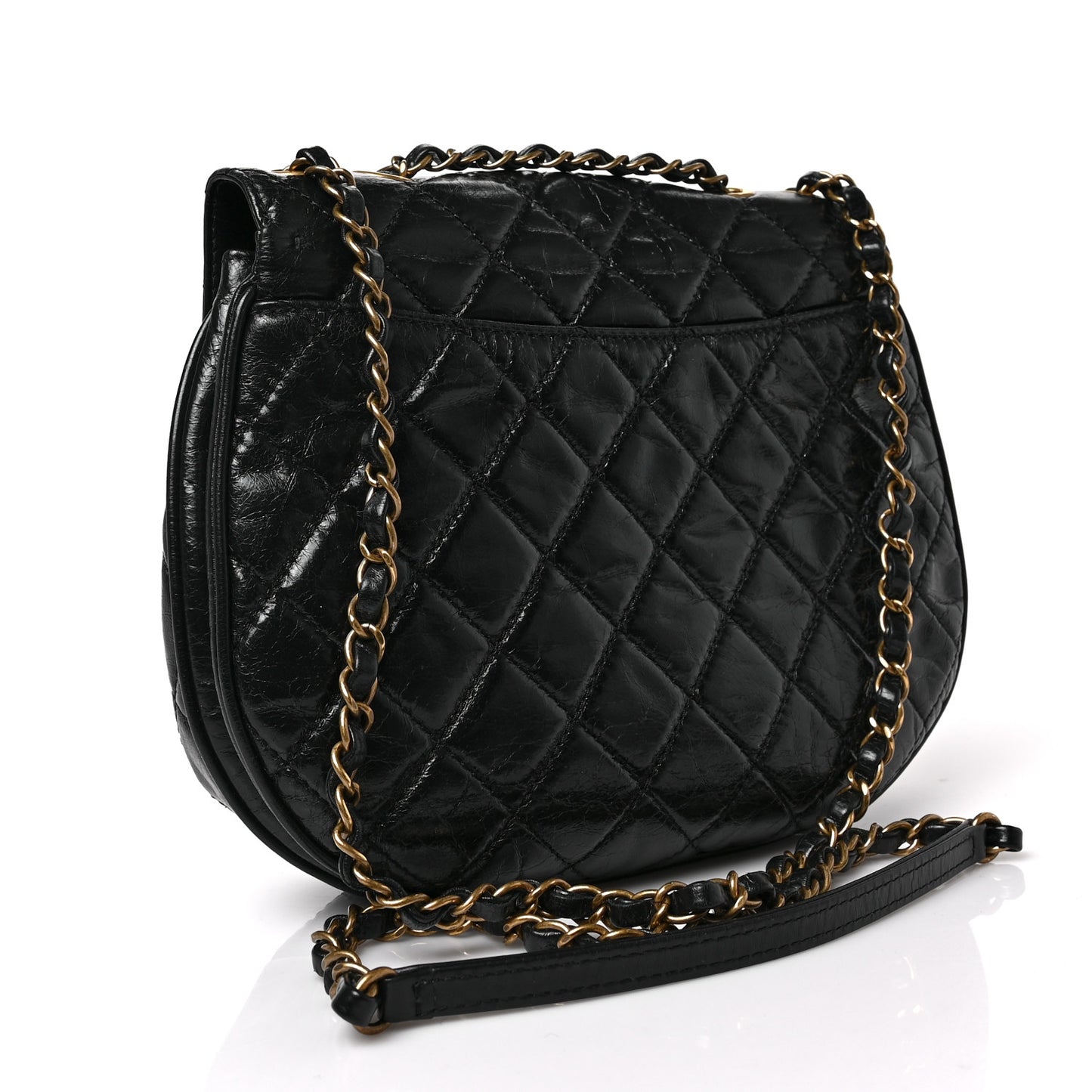 Glazed Calfskin Quilted Medium Bubble CC Flap Black