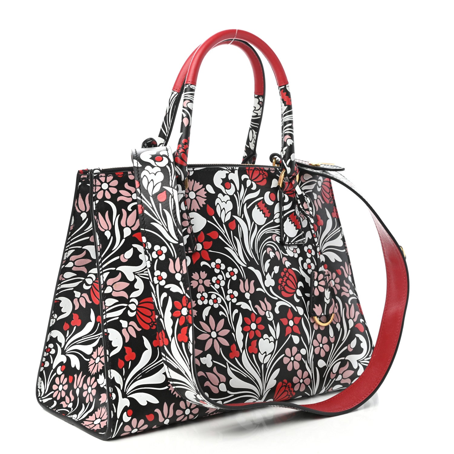 Prada Calfskin Floreale Medium Galleria Double Zip Tote White Black Pink 3 of 9