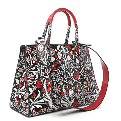 Prada Calfskin Floreale Medium Galleria Double Zip Tote White Black Pink 3 of 9