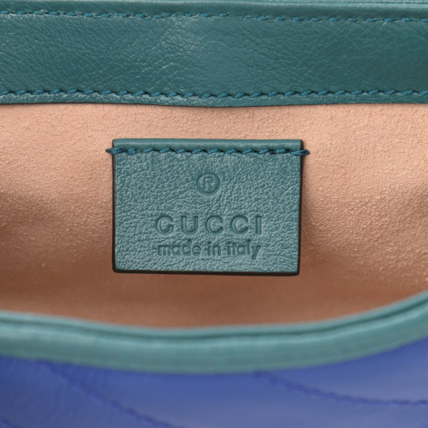 Azalea Calfskin Enamel Matelasse Diagonal Super Mini Torchon GG Marmont Shoulder Bag Imperial Blue Pavone