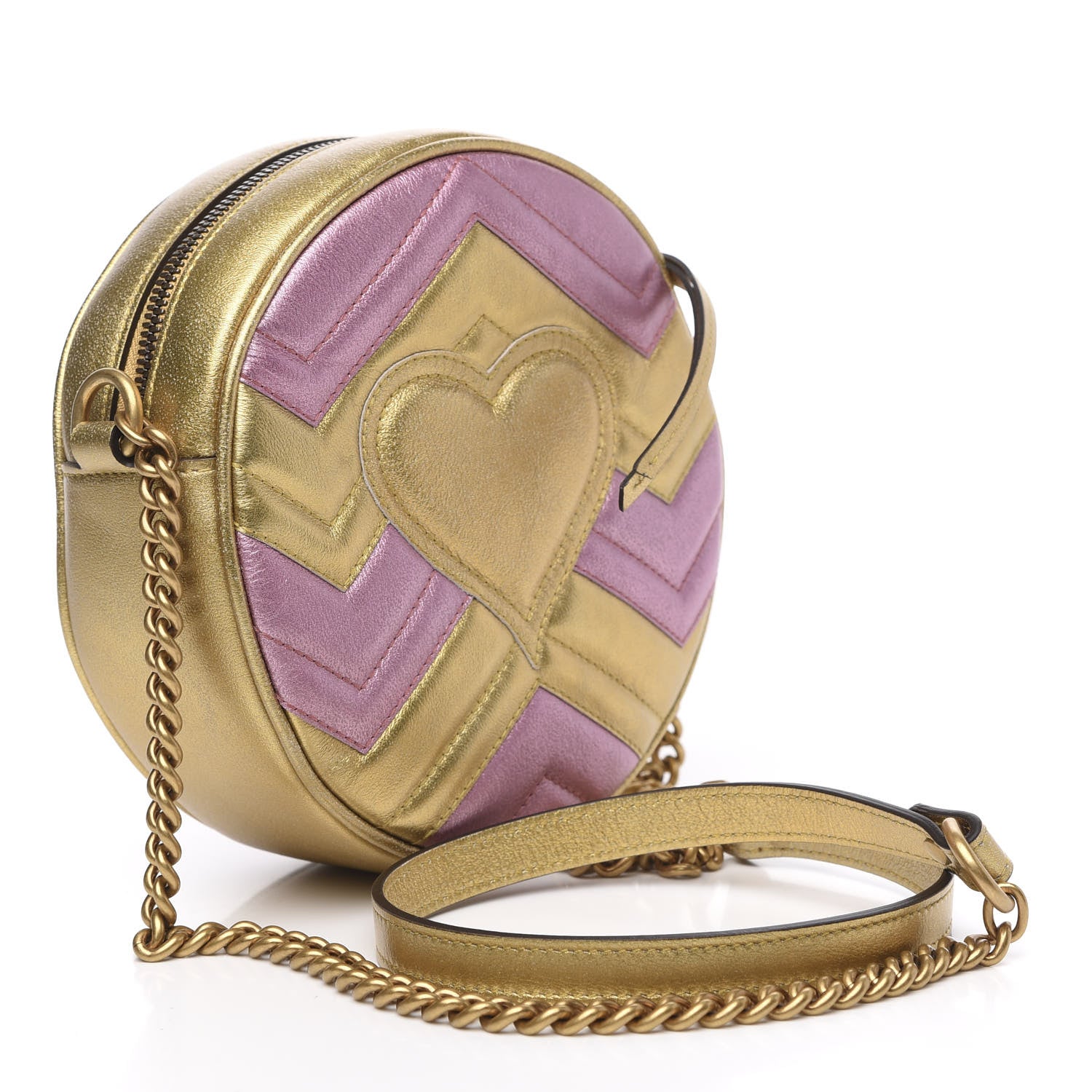 Gucci Metallic Nappa Matelasse Heart Mini GG Marmont Round Shoulder Bag Oro Vecchio Rosa 3 of 10
