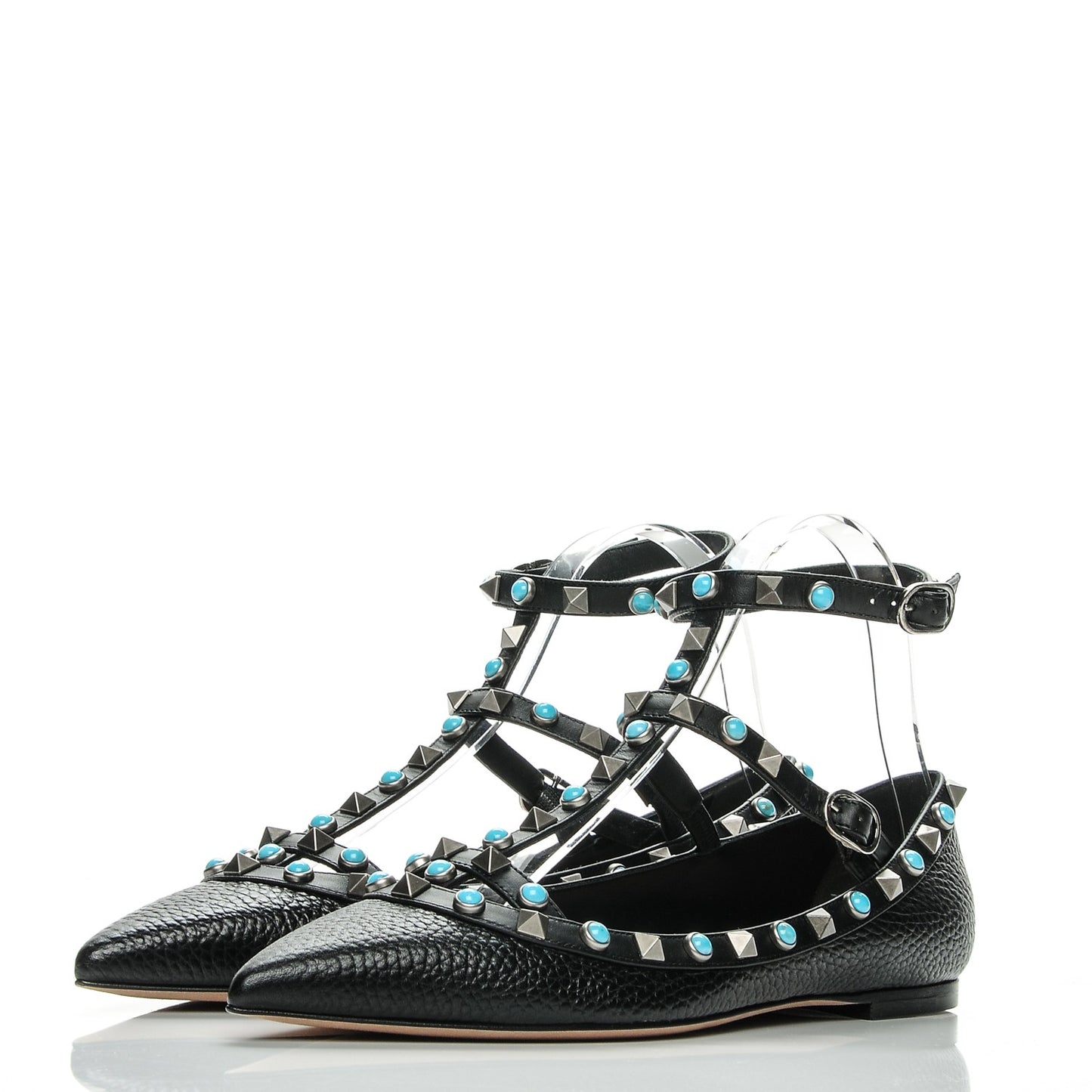 Pebbled Calfskin Rockstud Rolling Cage Ballerina Flats 37 Black