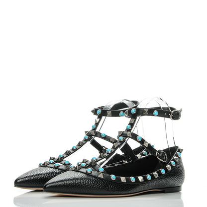 Valentino Garavani Pebbled Calfskin Rockstud Rolling Cage Ballerina Flats 37 Black 3 of 6