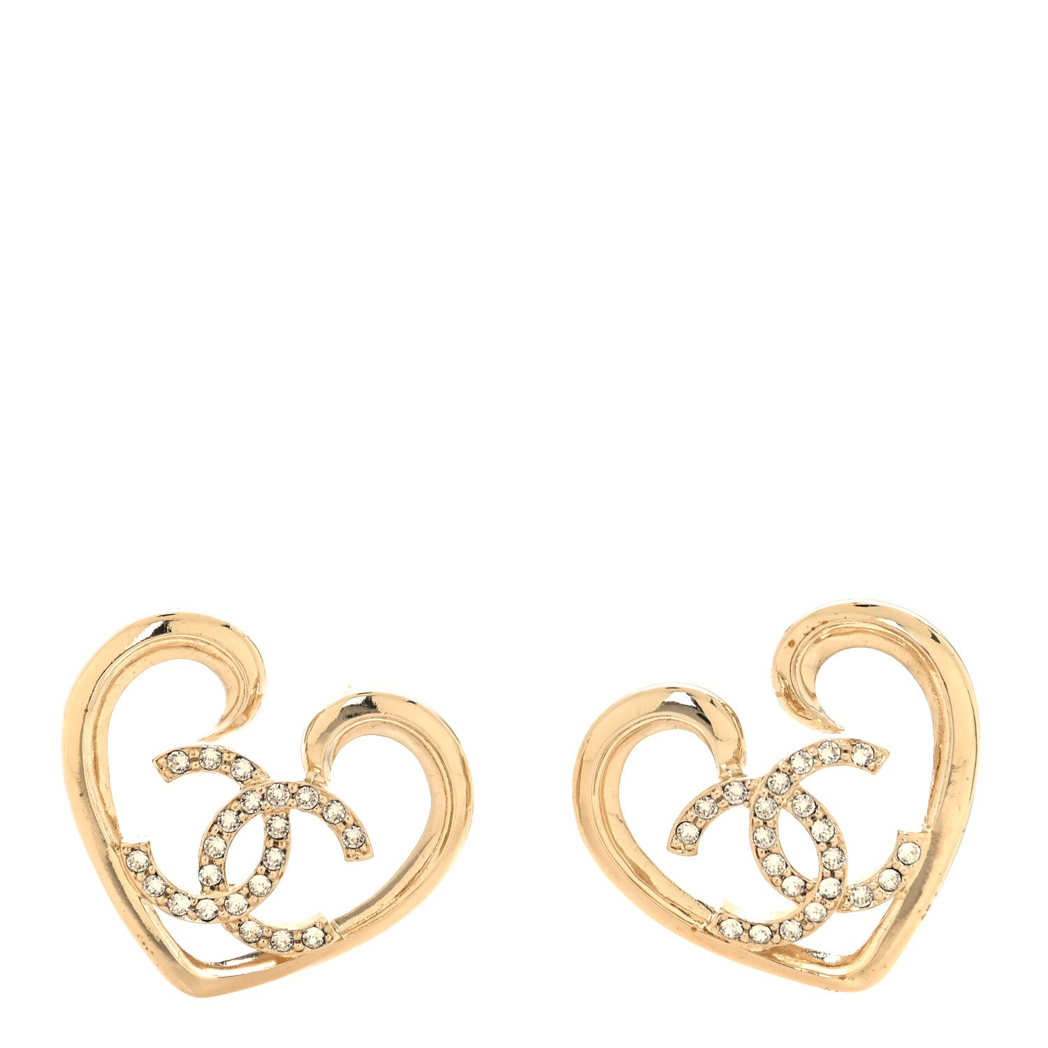Chanel Metal Crystal CC Logo Heart Earrings Gold 1 of 5