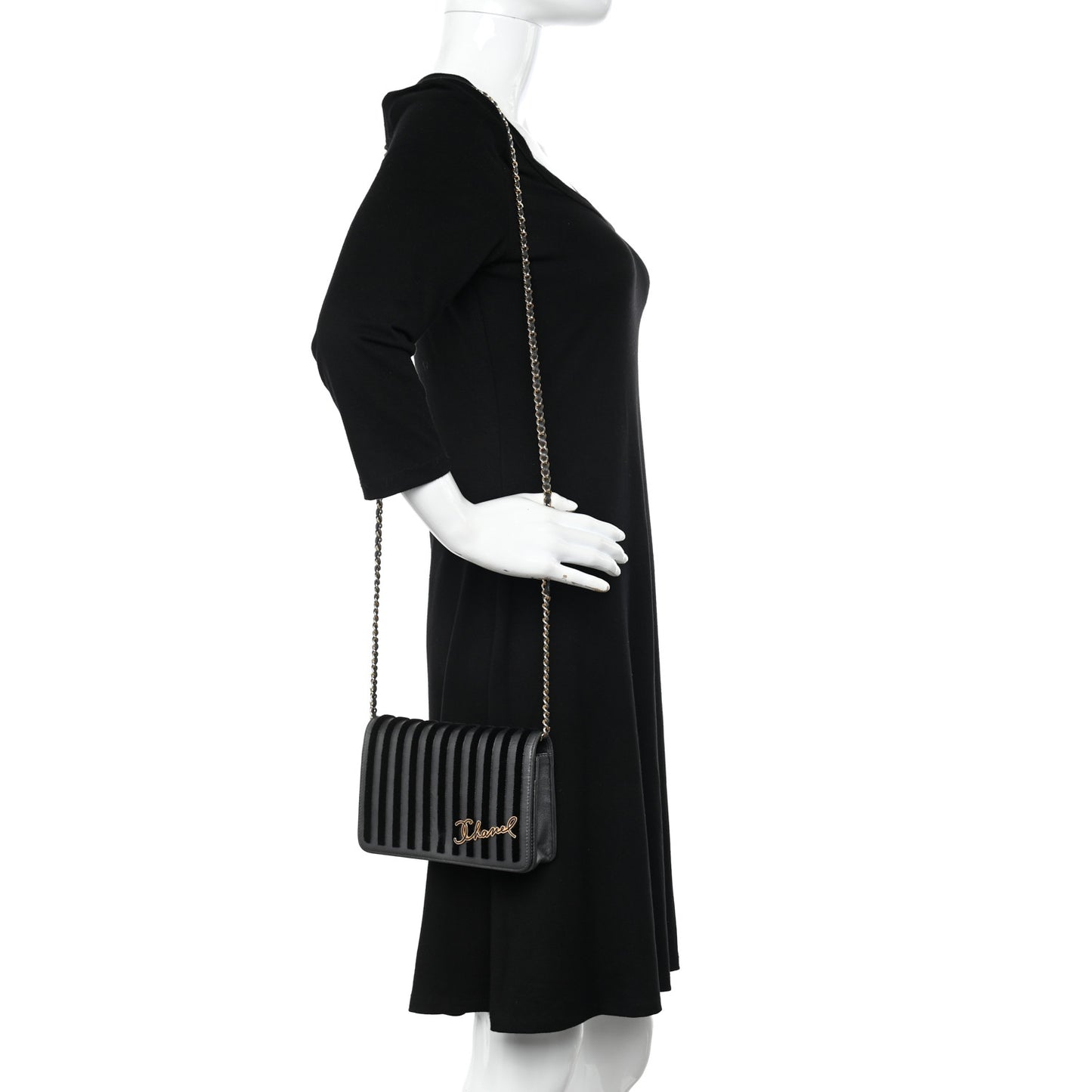 Iridescent Calfskin Velvet Stripe Wallet On Chain WOC Charcoal