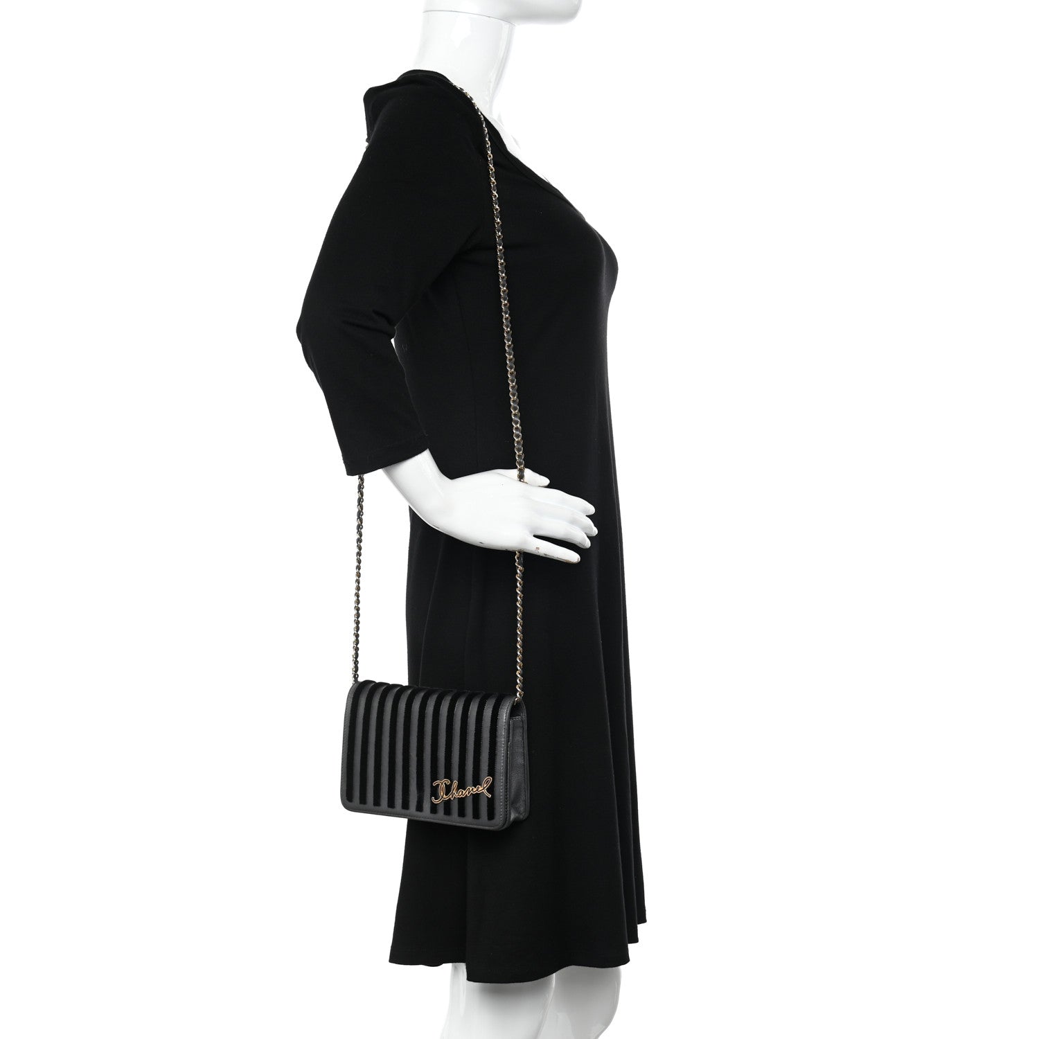 Chanel Iridescent Calfskin Velvet Stripe Wallet On Chain WOC Charcoal 2 of 12
